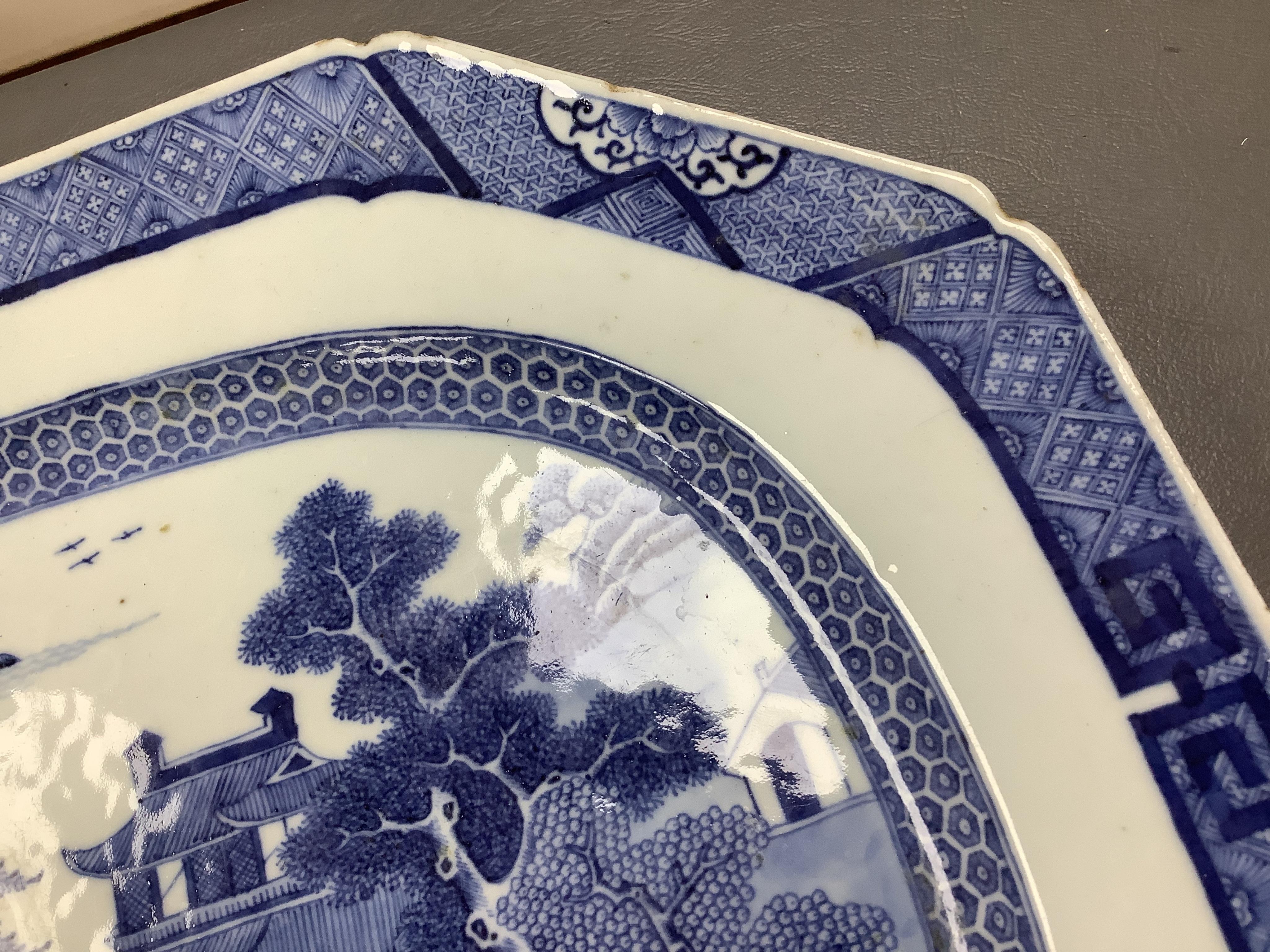 An 18th century Chinese octagonal blue and white dish, 40cm wide